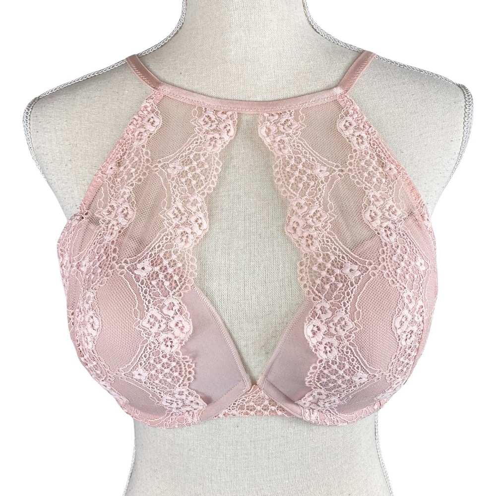 NEW Adore Me Uniqla Blush Pink Lace Push Up High Neck Plunge Bra Size 36D Pin Up